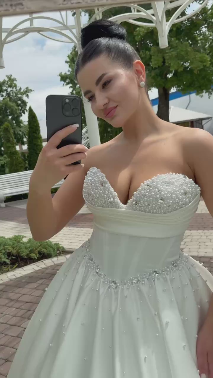 A-Line Bridal Dress with Corset | Silk Train Wedding Gown | Elegant Classic White Satin Dress