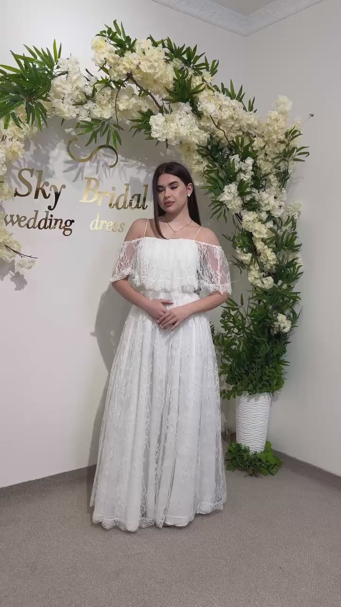 Draped Skirt Wedding Dress with French Chantilly Lace | Gathered Bodice Bridal Gown