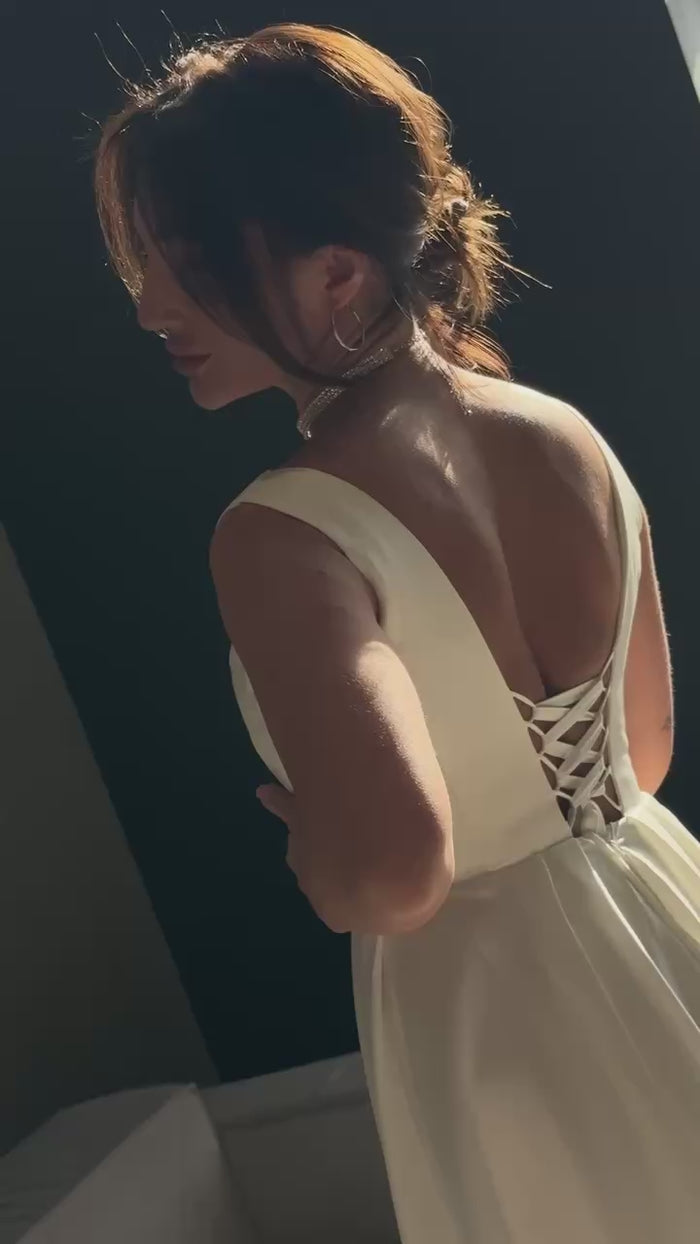 Minimalist Wedding Dress with Deep V-Neck | Fairytale Lace Corset | Satin Boho Bridal Gown