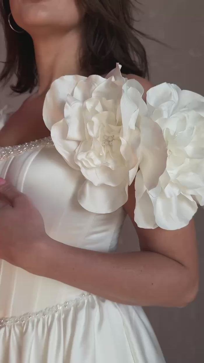 Bohemian Bride Gown | Floral Satin Bridal Dress | Romantic Wedding Dress