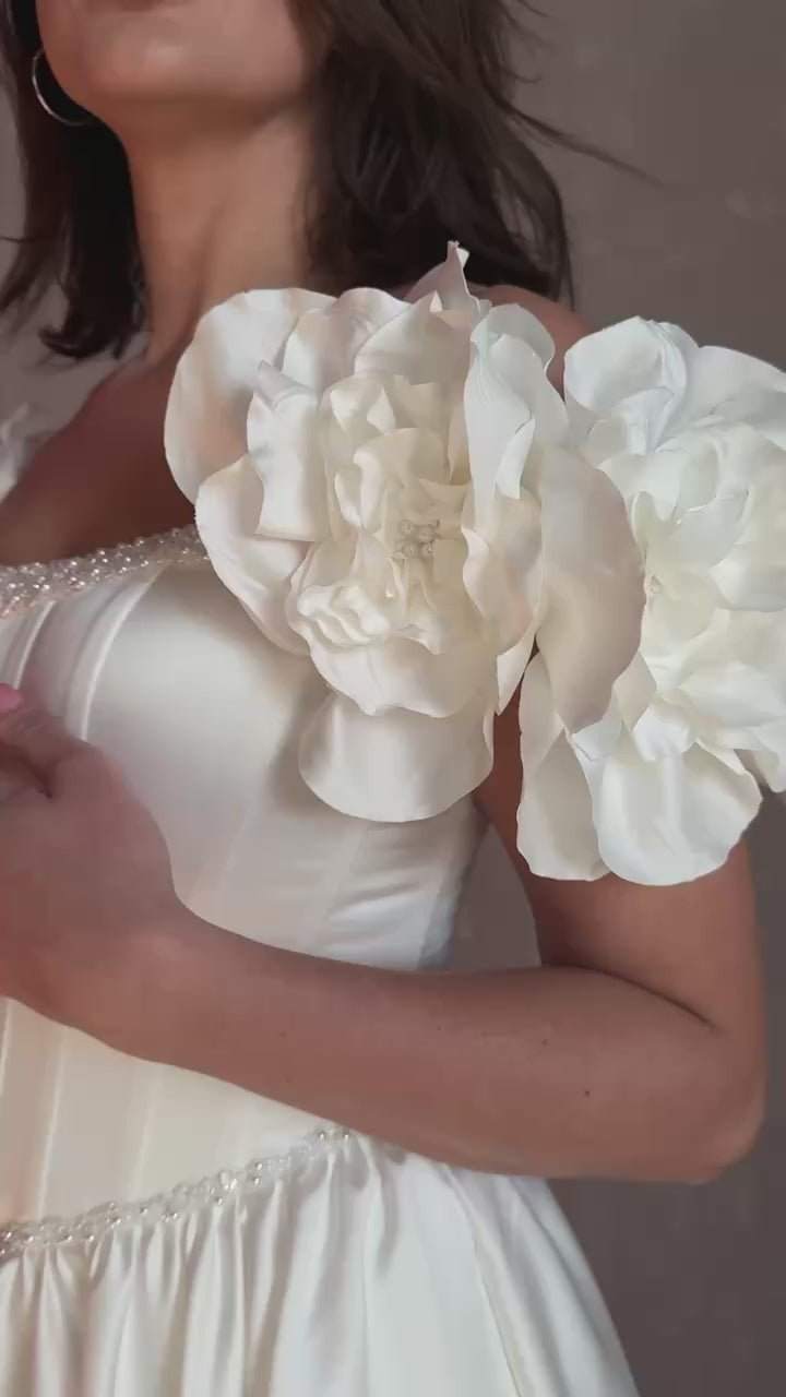 Bohemian Bride Gown | Floral Satin Bridal Dress | Romantic Wedding Dress