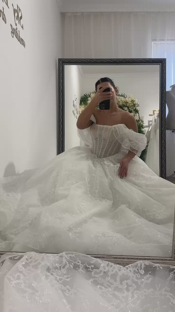 Elegant White Wedding Dress | Strapless Corset Bodice | Shimmer Tulle A-Line Bridal Gown