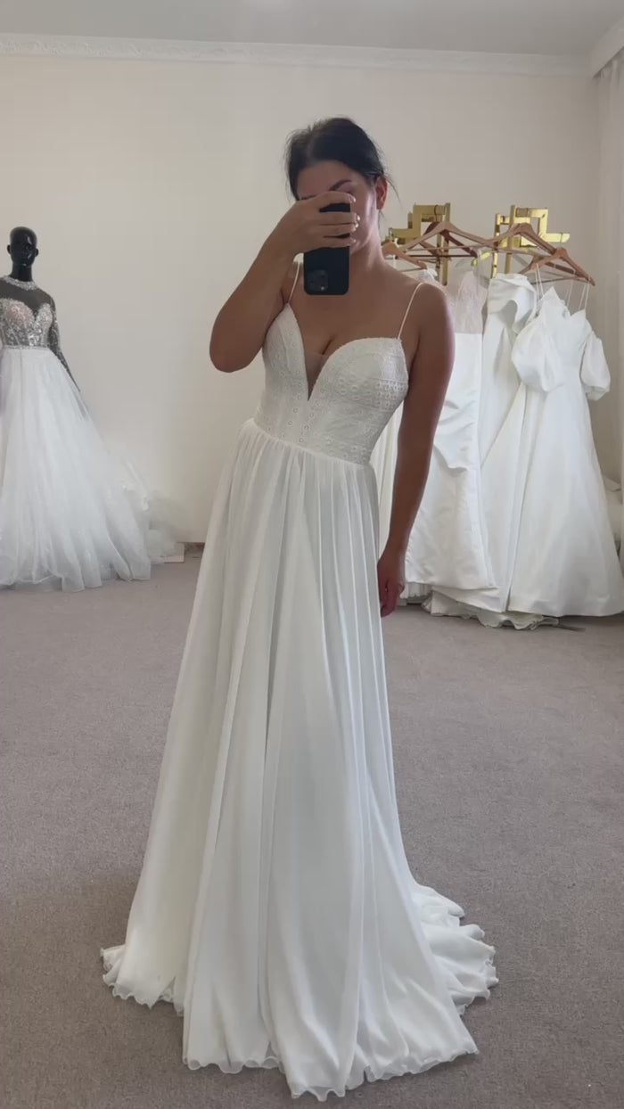 Boho Silk Chiffon Wedding Gown with Draped Corset | French Macramé Bodice | Minimalist Bridal Dress