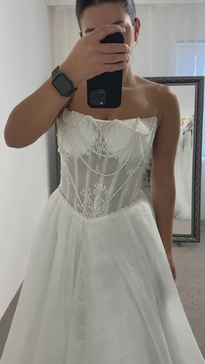 Elegant Wedding Dress with Corset and Long Train | French Mesh Gown with Beading | Structured A-Line Bridal Silhouette