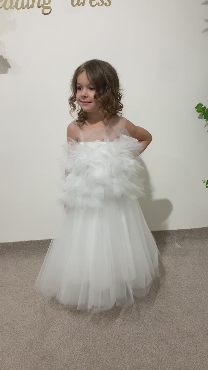 Toddler Wedding Outfit | White Lace Princess Dress | Off-Shoulder Flower Girl Dress | Christening or Party Gown