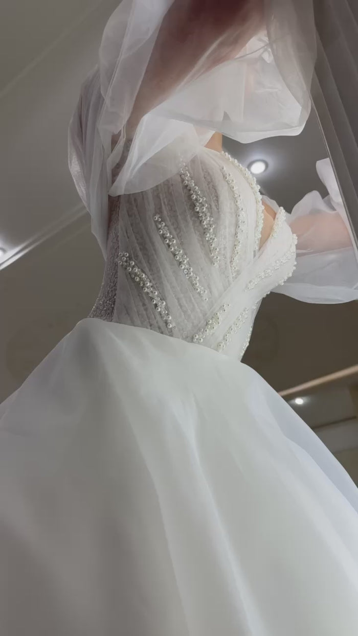 Pearl Sweetheart Corset Wedding Dress | Sparkly Tulle Maxi Gown | Detachable Sleeves | Affordable Bridal Dress