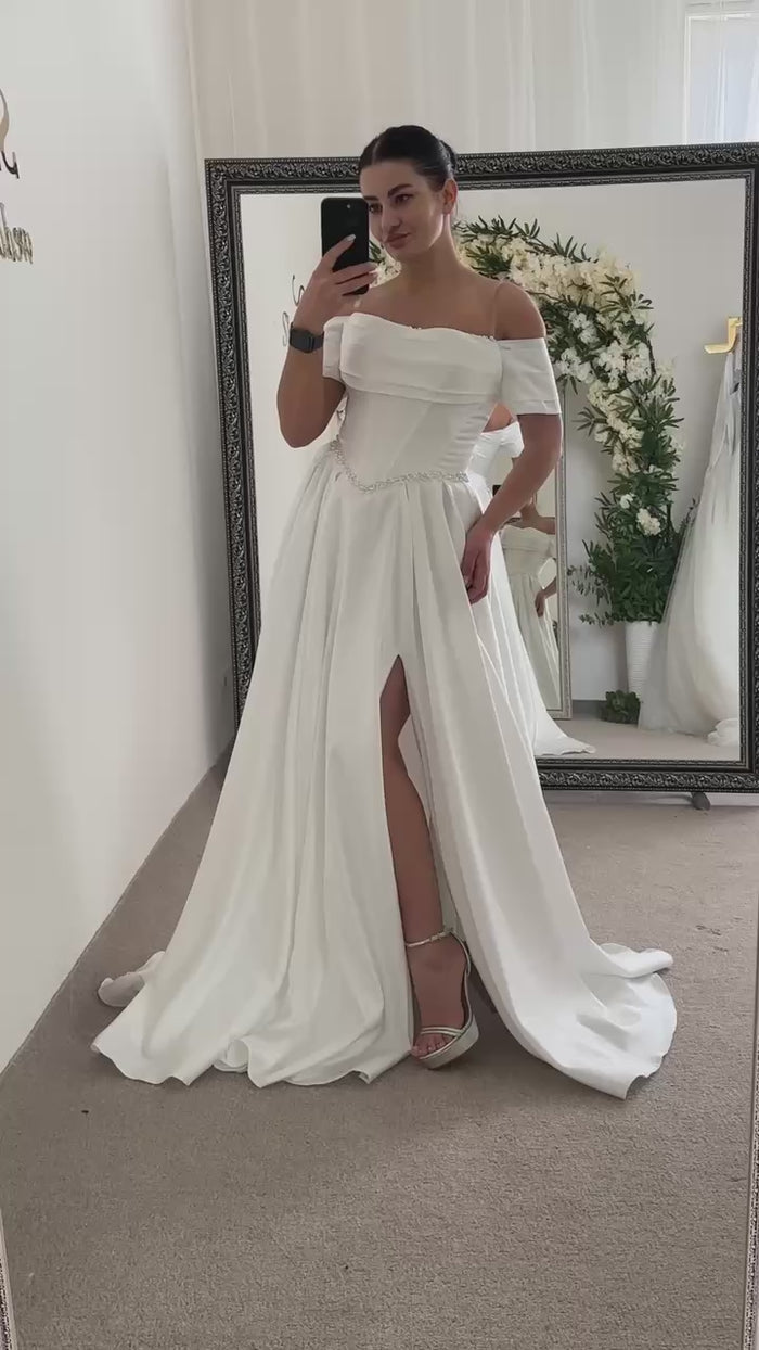 Royal Satin Dress with Embroidered Corset | Slit Skirt with Pockets | Bridal or Evening Gown