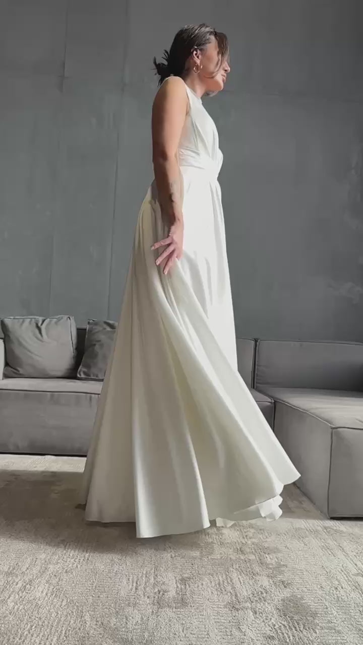 Minimalist Wedding Dress with Deep V-Neck | Fairytale Lace Corset | Satin Boho Bridal Gown
